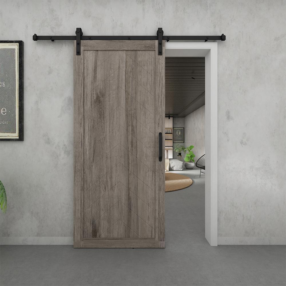 37 in. x 84 in. Herringbone Grey Finished Vinly Sliding Barn Door with Black Hardware Kit