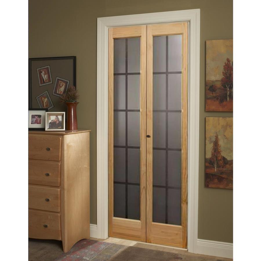 Pinecroft Mission 30-in x 80-in Unfinished Pine Wood 2-Panel Square Frosted Glass Unfinished Pine Wood Bifold Door (Hardware Included)
