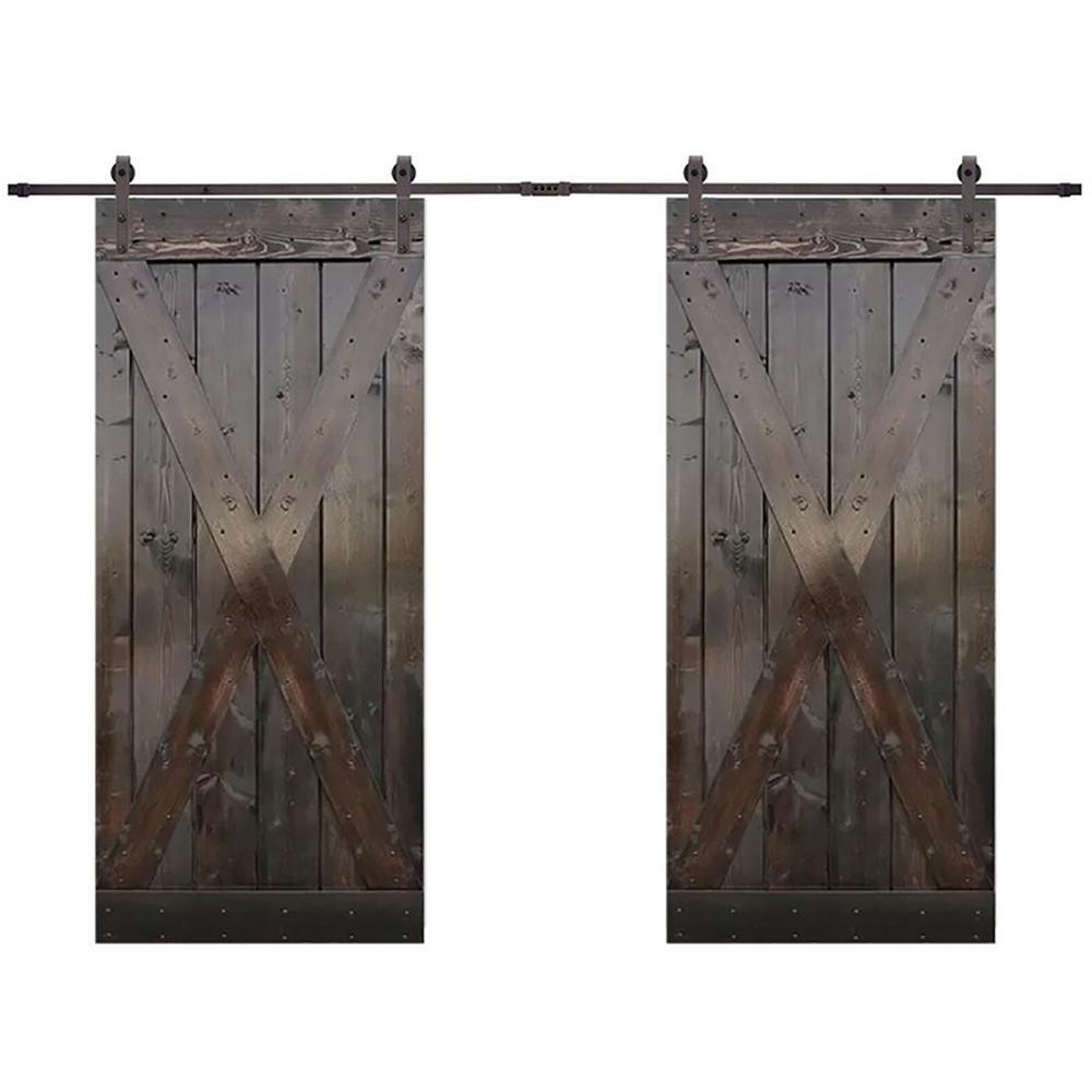 X Series 84 in. x 84 in. Dark Coffee Stained Solid Wood Double Sliding Barn Door with Hardware Kit