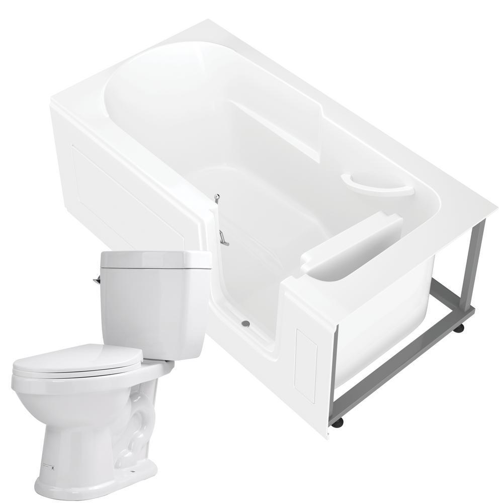 Step-In 59.6 in. Walk-In Non-Whirlpool Bathtub in White with 1.6 GPF Single Flush Toilet