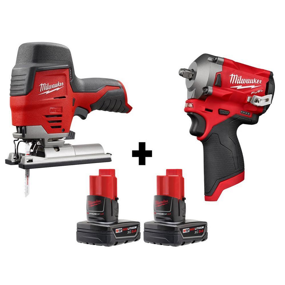 M12 FUEL 12-Volt Lithium-Ion Brushless Cordless Stubby 3/8 in. Impact Wrench and Jig Saw with two 3.0 Ah Batteries