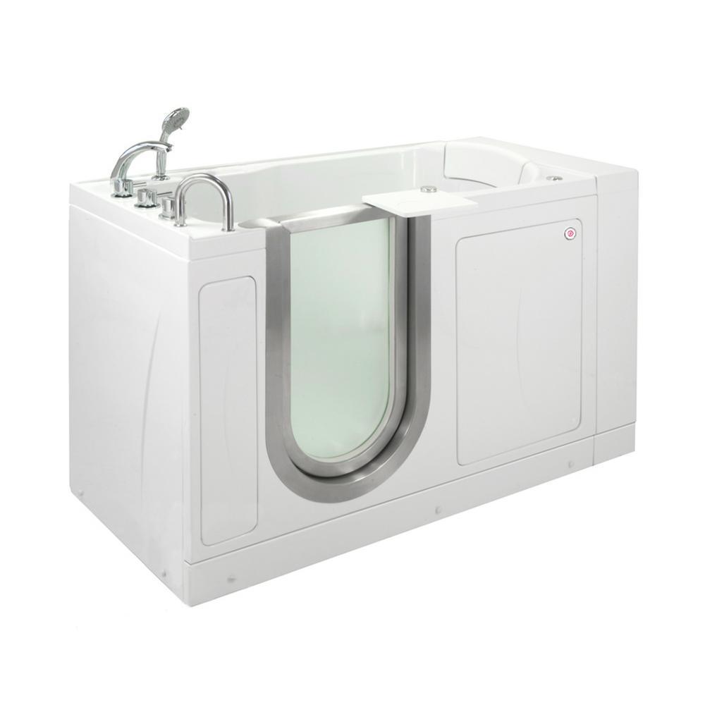 Petite 52 in. Acrylic Walk-In Whirlpool and Air Bath Bathtub in White, Thermostatic Faucet Set, LHS 2 in. Dual Drain
