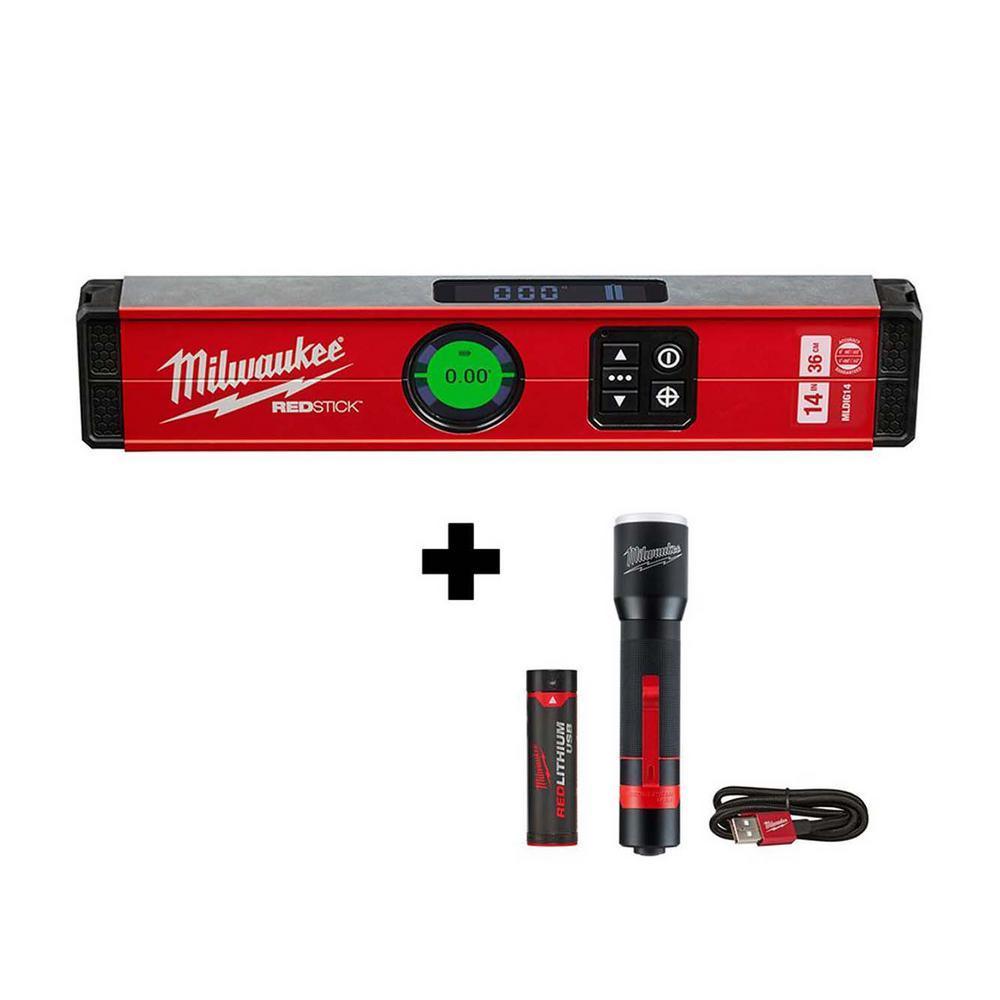 14 in. Redstick Digital Box Level with Pin-Point Measurement Technology W/ 700 Lumens LED Rechargeable Flashlight