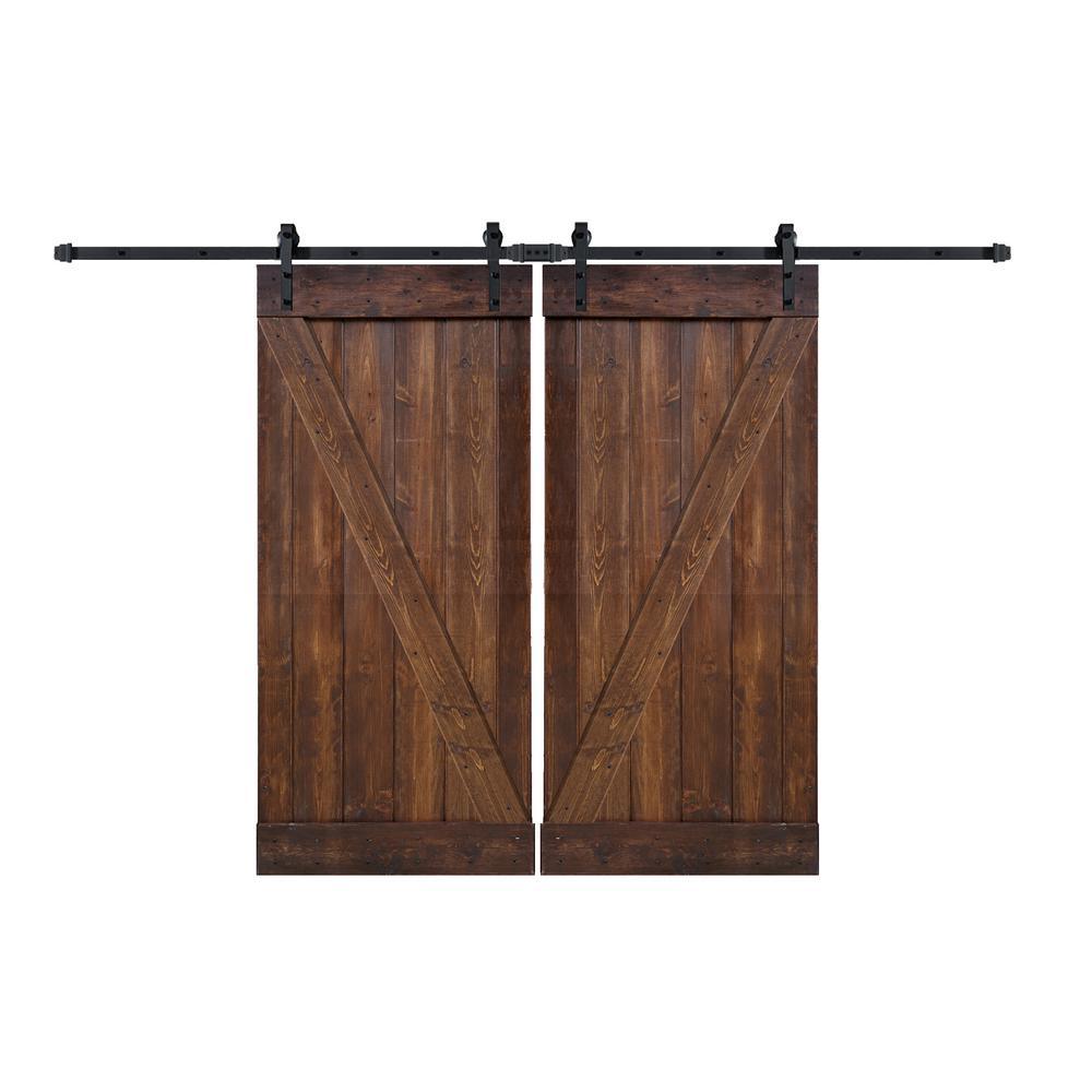 72 in x 84 in Z-Series Dark Walnut DIY Finished Knotty Pine Wood Double Sliding Barn Door with Installation Hardware Kit