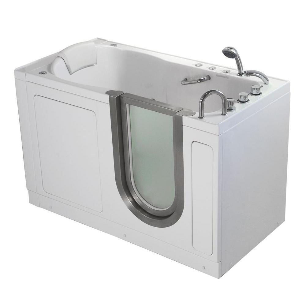 Deluxe 55 in. Acrylic Walk-In Whirlpool and Air Bath Bathtub in White, Thermostatic Faucet Set, RHS 2 in. Dual Drain