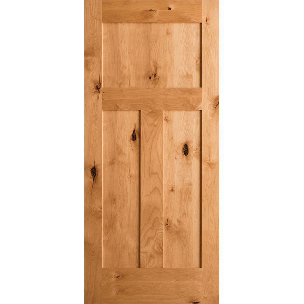 30 in. x 80 in. Krosswood Craftsman 3-Panel Shaker Solid Wood Core Rustic Knotty Alder Interior Door Slab