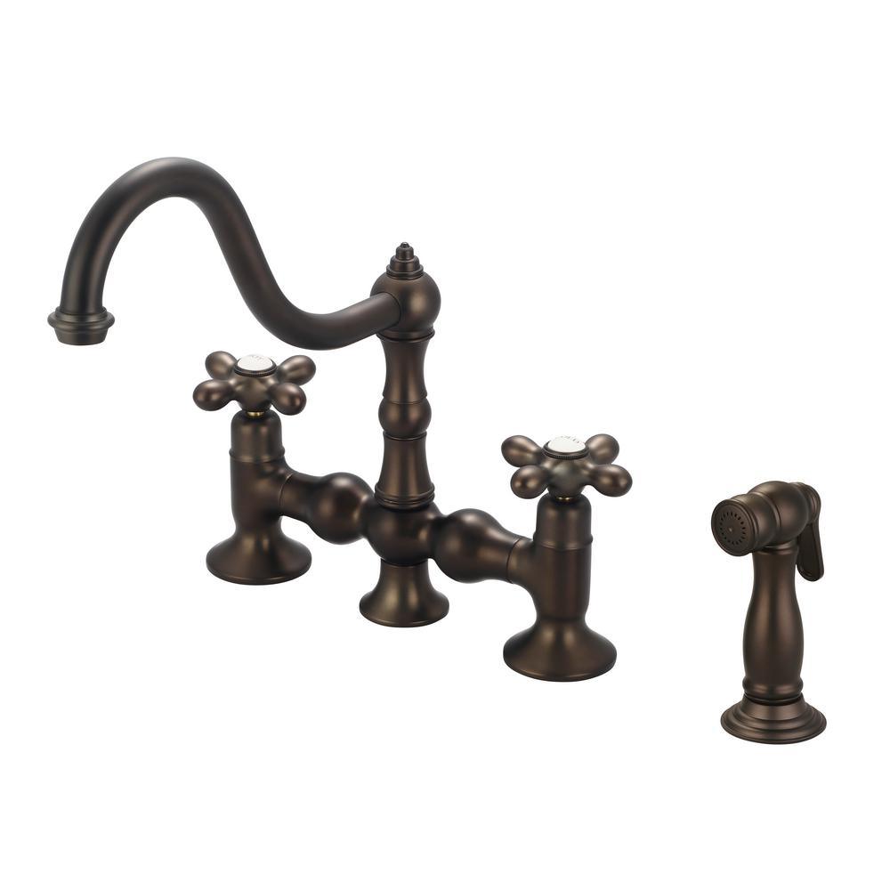 2-Handle Bridge Kitchen Faucet with Metal Side Sprayer in Oil Rubbed Bronze