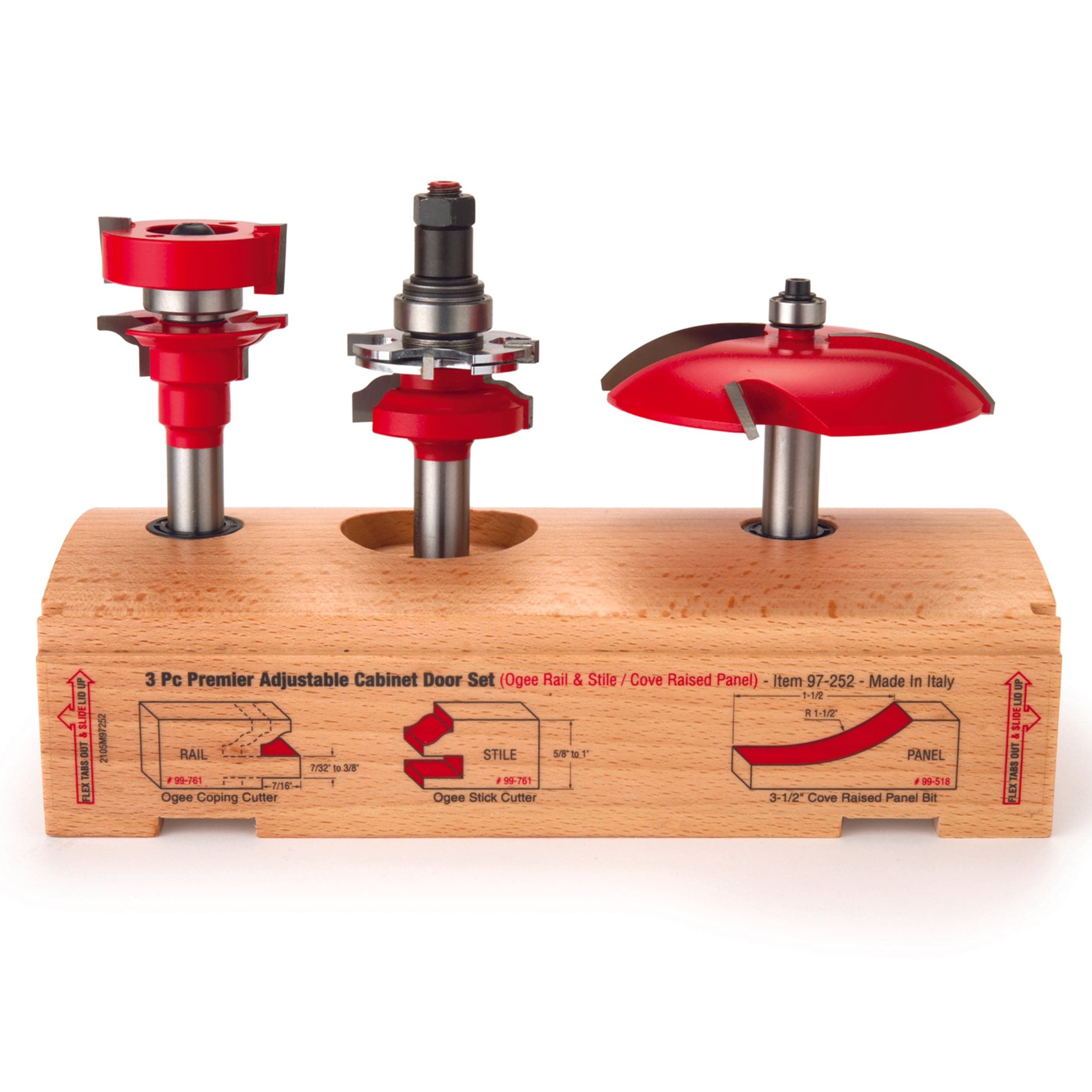 97-252 Adjustable Rail And Stile 3-Pc Door Router Bit Set Cove Panel Ogee Rail 1/2" Shank