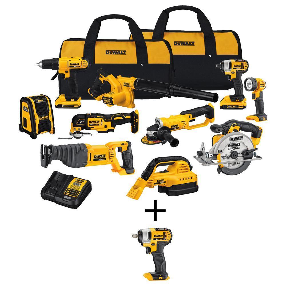 20-Volt MAX Lithium-Ion Cordless Combo Kit (10-Tool) with 20V Cordless 3/8 in. Impact Wrench with Hog Ring