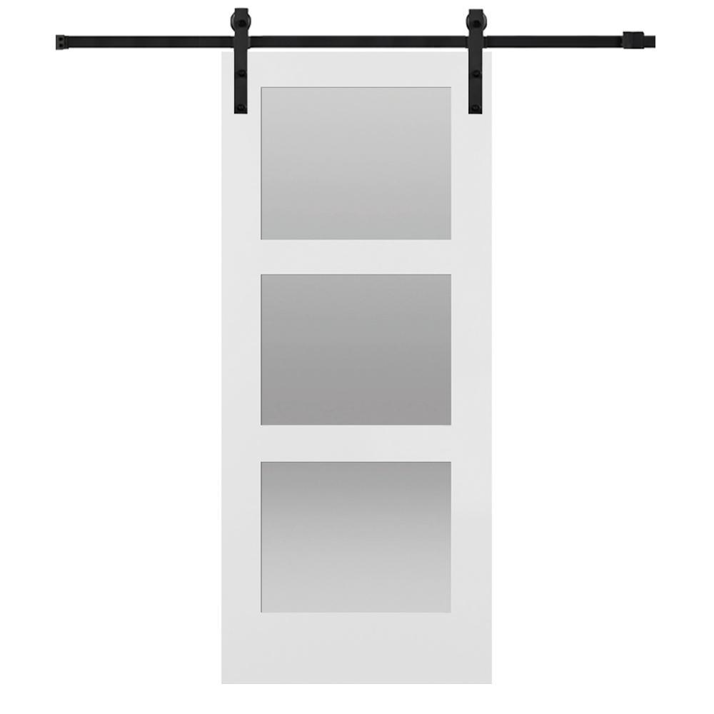 42 in. x 84 in. Shaker 3-Lite Frosted Glass Primed MDF Sliding Barn Door with Bent Strap Hardware Kit