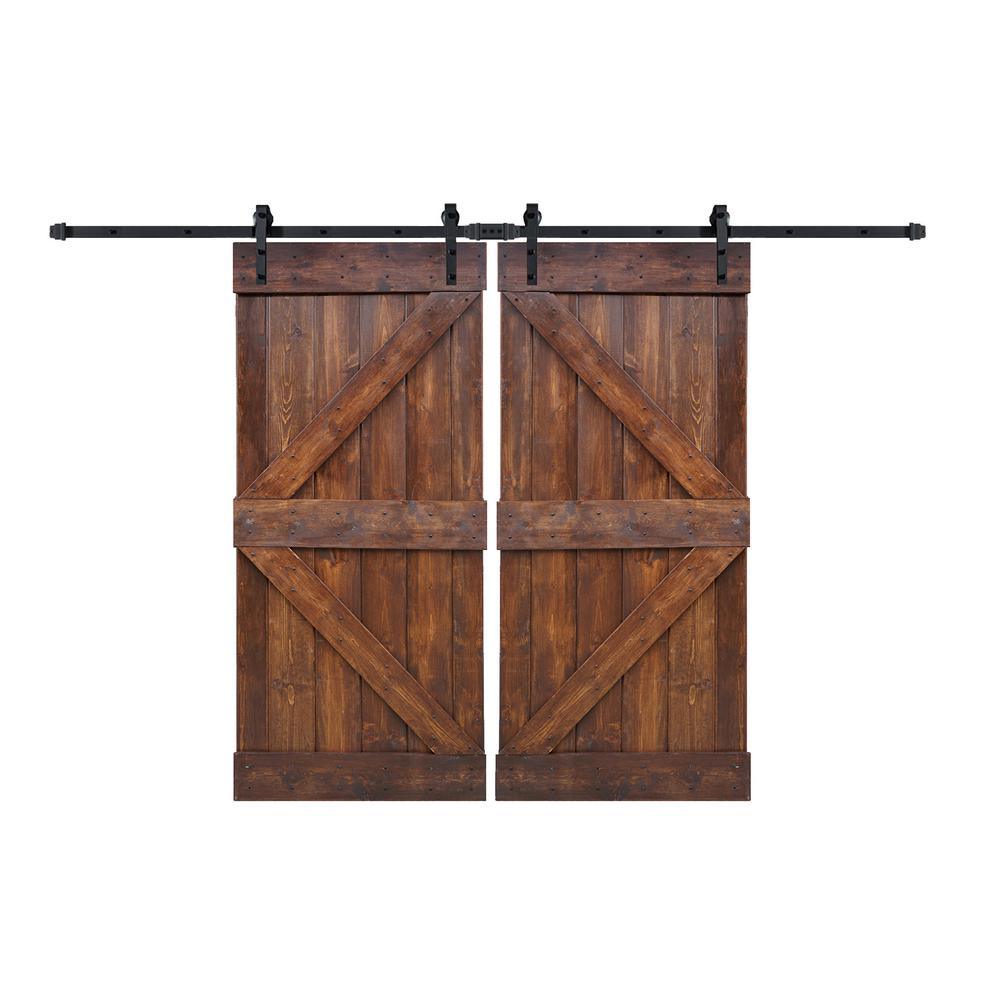 72 in x 84 in K Series Dark Walnut DIY Finished Knotty Pine Wood Double Sliding Barn Door Slab with Hardware Kit