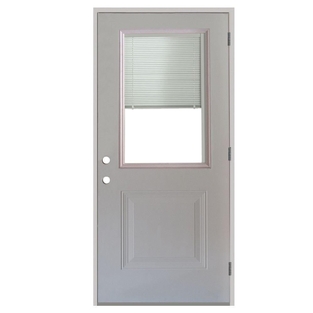 32 in. x 80 in. 1-Panel 1/2 Lite Mini-Blind Primed White Steel Prehung Front Door