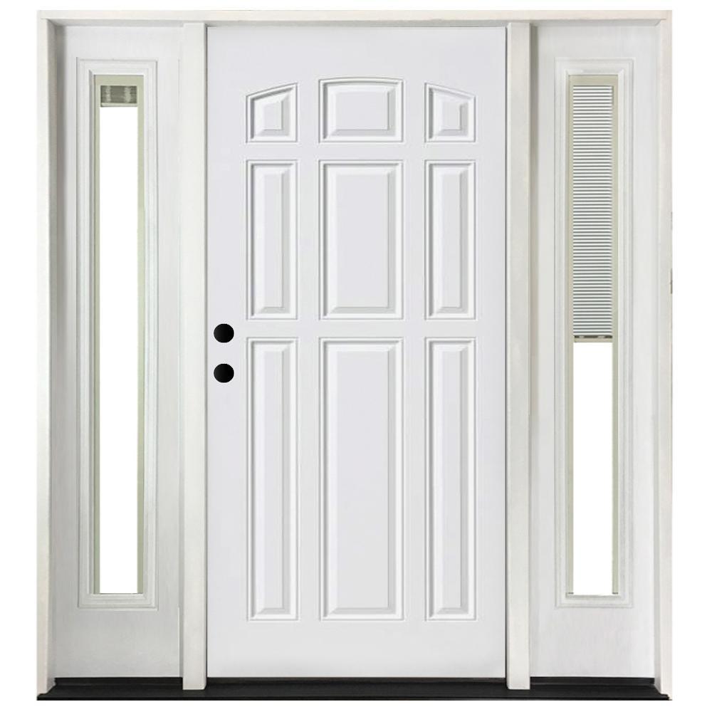 68 in. x 80 in. 9 Panel Primed White Right-Hand Steel Prehung Front Door with 14 in. Mini Blind Sidelites 6 in. Wall