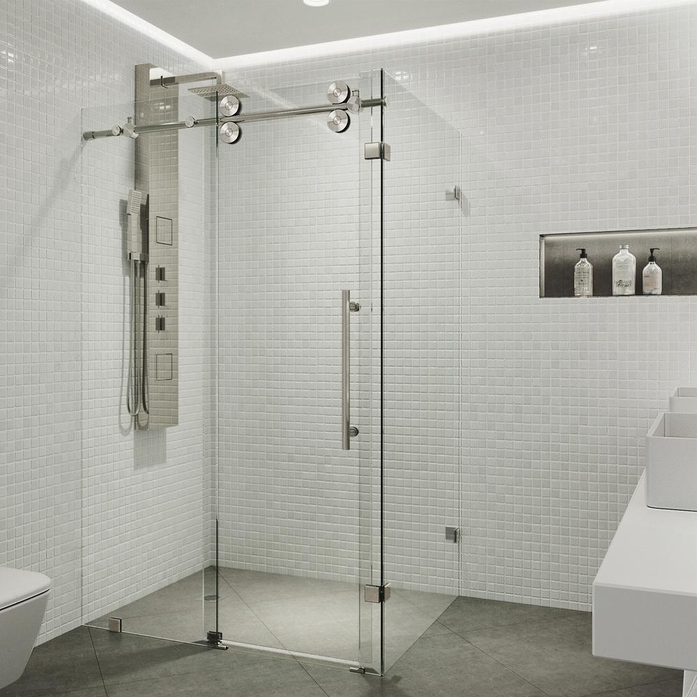 Winslow 34.625 in. x 74 in. Frameless Corner Bypass Shower Enclosure in Stainless Steel with Clear Glass