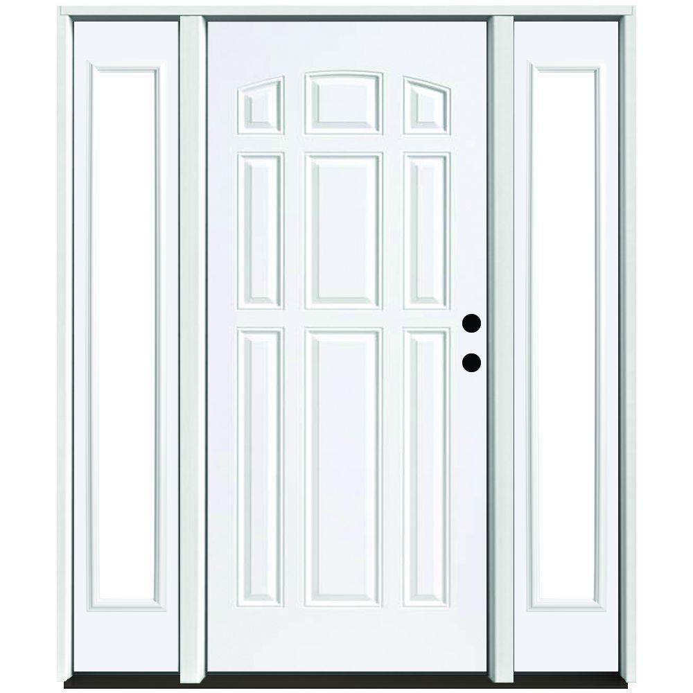 64 in. x 80 in. 9-Panel Primed White Left-Hand Steel Prehung Front Door with 12 in. Clear Glass Sidelites 4 in. Wall