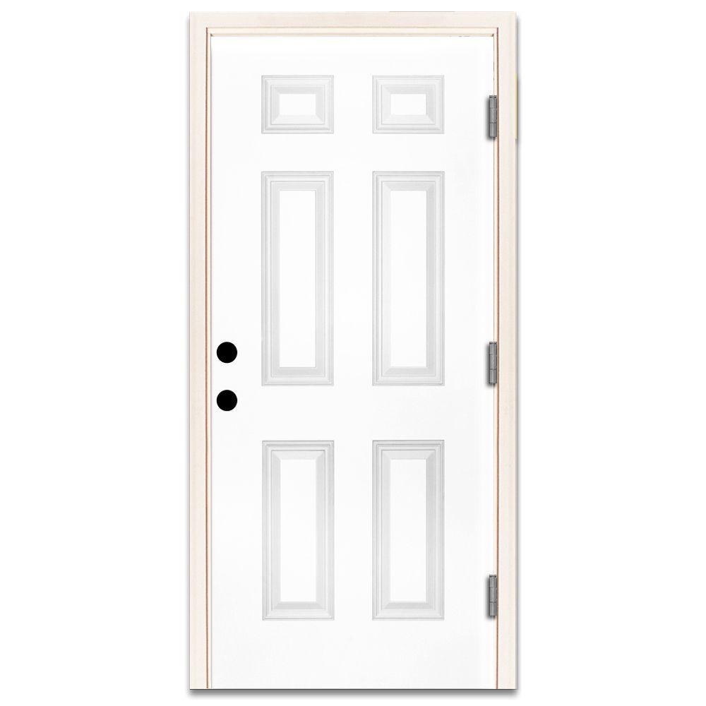 30 in. x 80 in. Premium 6-Panel Primed White Steel Prehung Front Door Left-Hand Outswing and 4 in. Wall