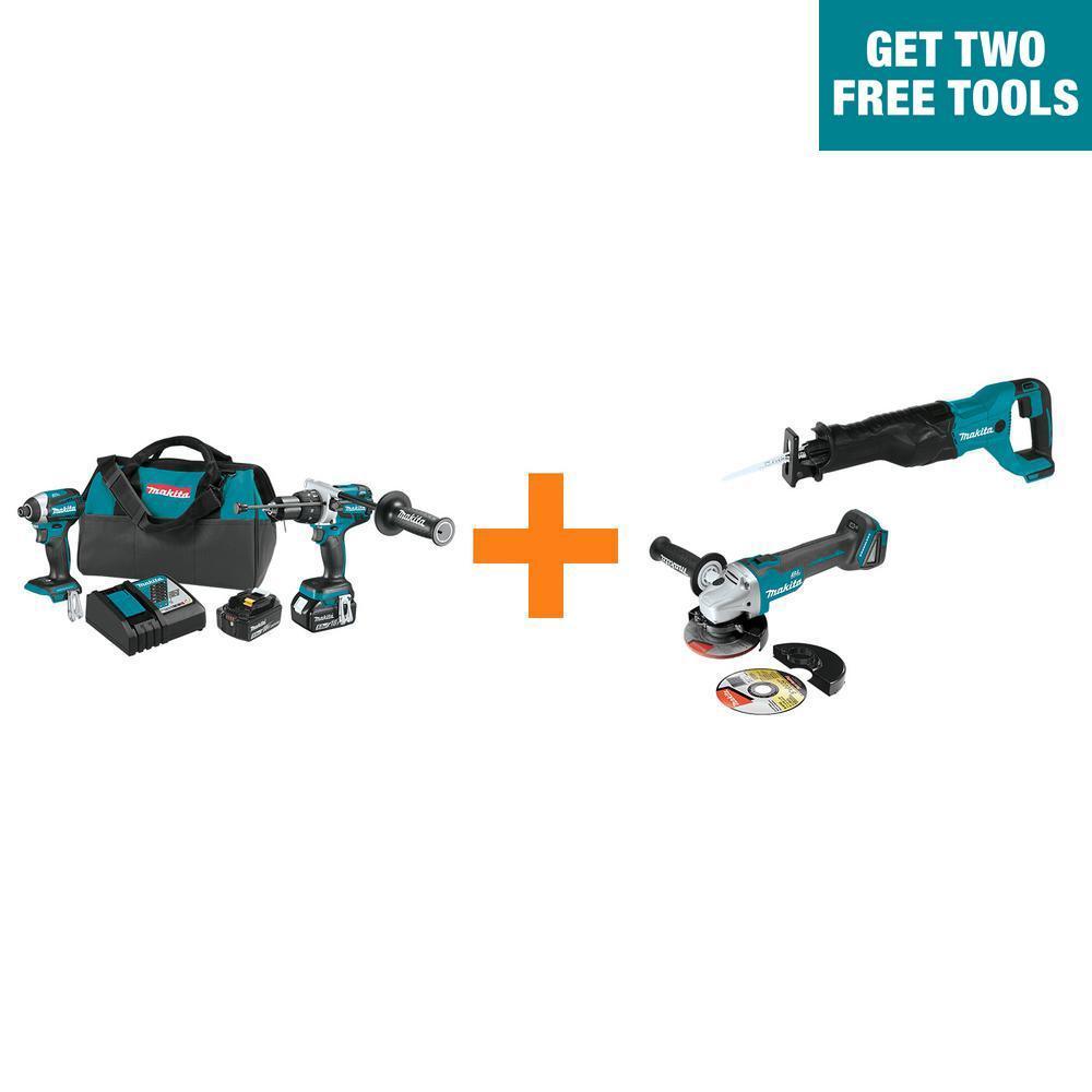 18V LXT Brushless 2-Pc Combo Kit 5.0Ah with bonus 18V LXT Reciprocating Saw and 18V LXT Brushless Cut-Off/Angle Grinder