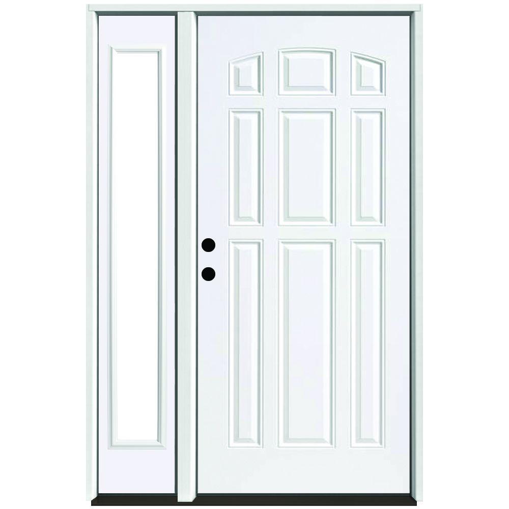 53 in. x 80 in. 9-Panel Primed White Right-Hand Steel Prehung Front Door with 14 in. Clear Glass Sidelite 4 in. Wall