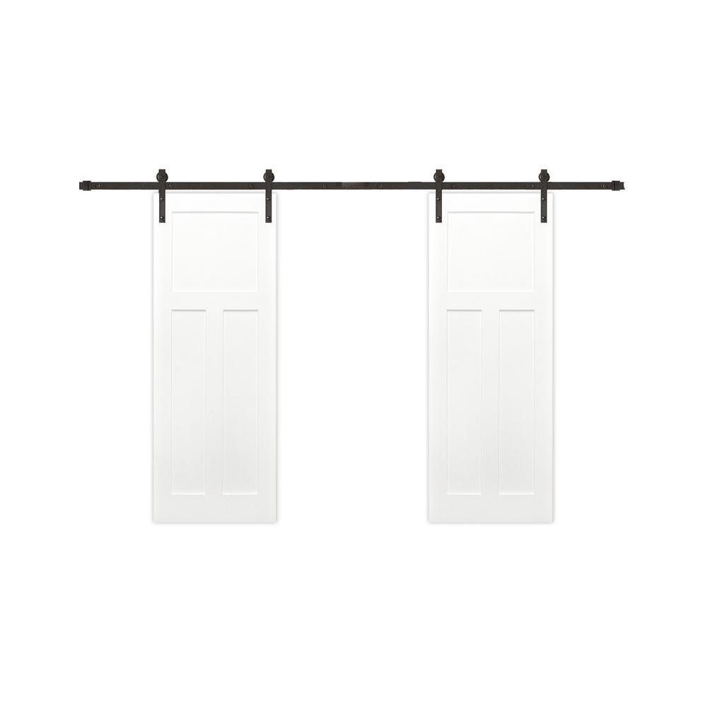 60 in. x 80 in. Bi-Parting Shaker 3-Panel Solid Core Primed Pine Sliding Barn Door with Bronze Hardware Kit