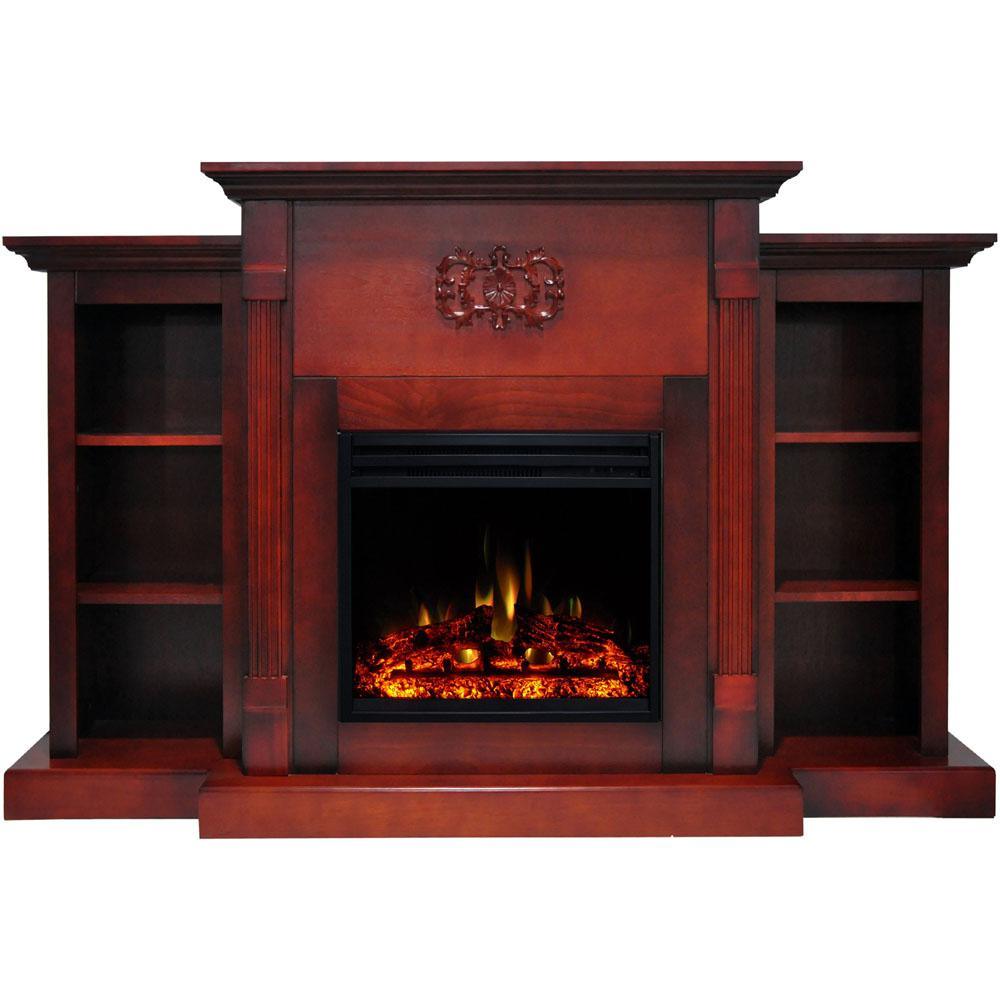 Sanoma 72 in. Electric Fireplace Heater in Cherry with Mantel, Bookshelves, Enhanced Log Display and Remote