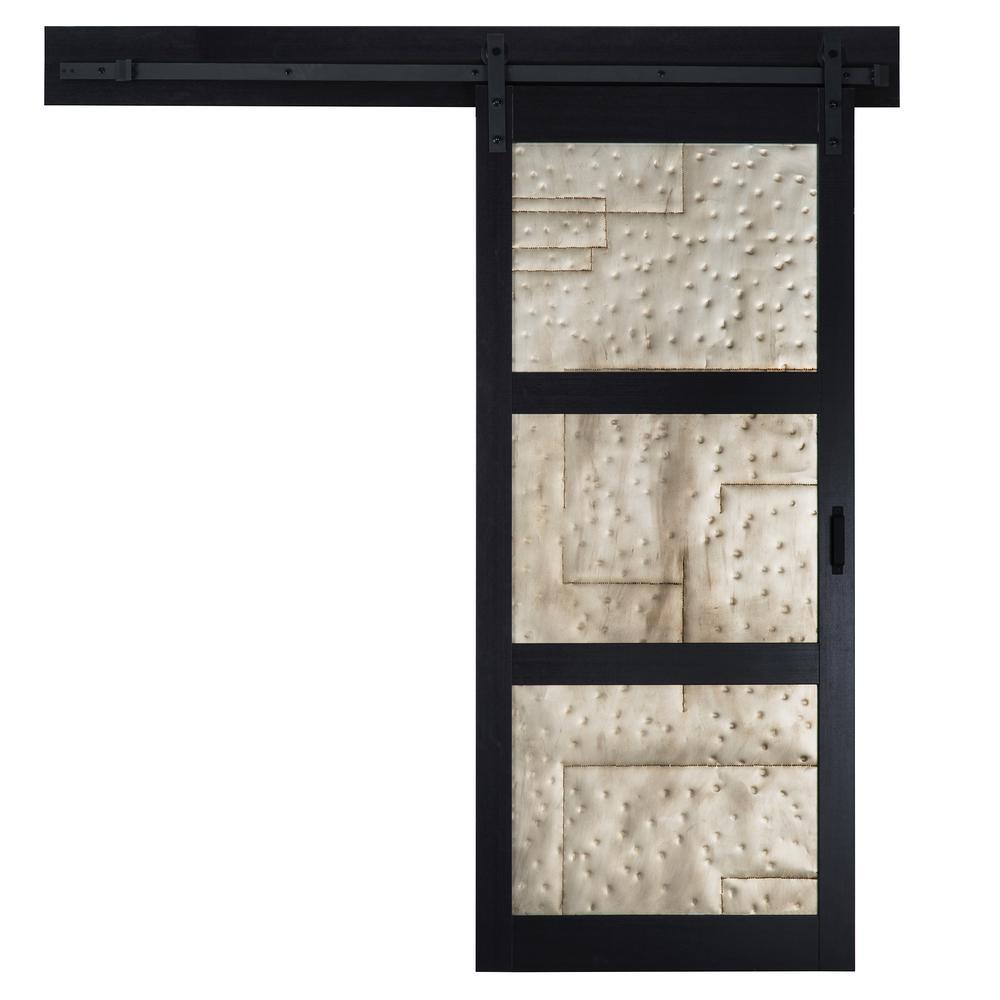 36 in. x 84 in. Metal Works Black Rustic T in. Inserts Solid Core Interior Sliding Barn Door with Rustic Hardware Kit