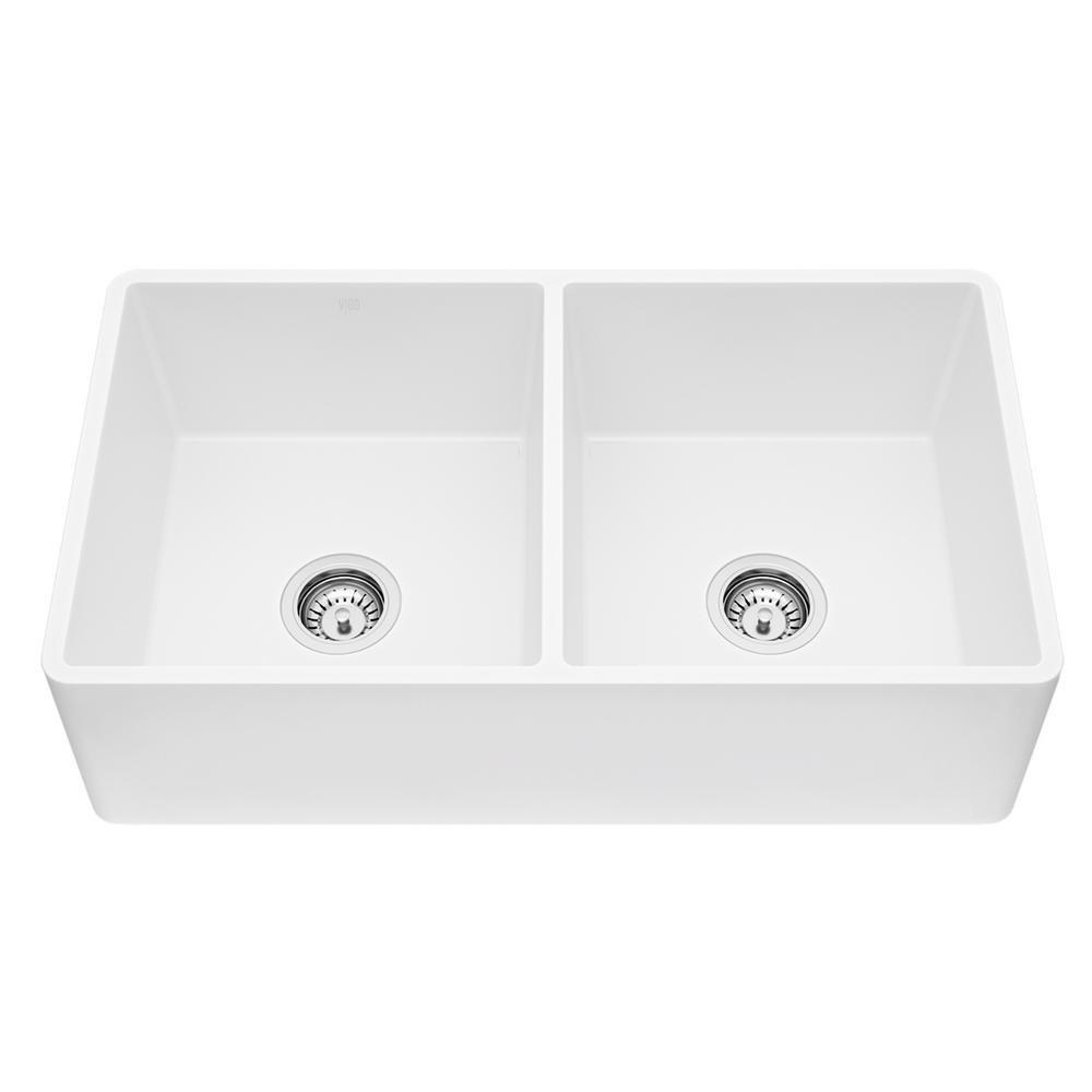 Matte Stone White Composite 33 in. Double Bowl Reversible Flat Farmhouse Apron-Front Kitchen Sink with 2 Strainers