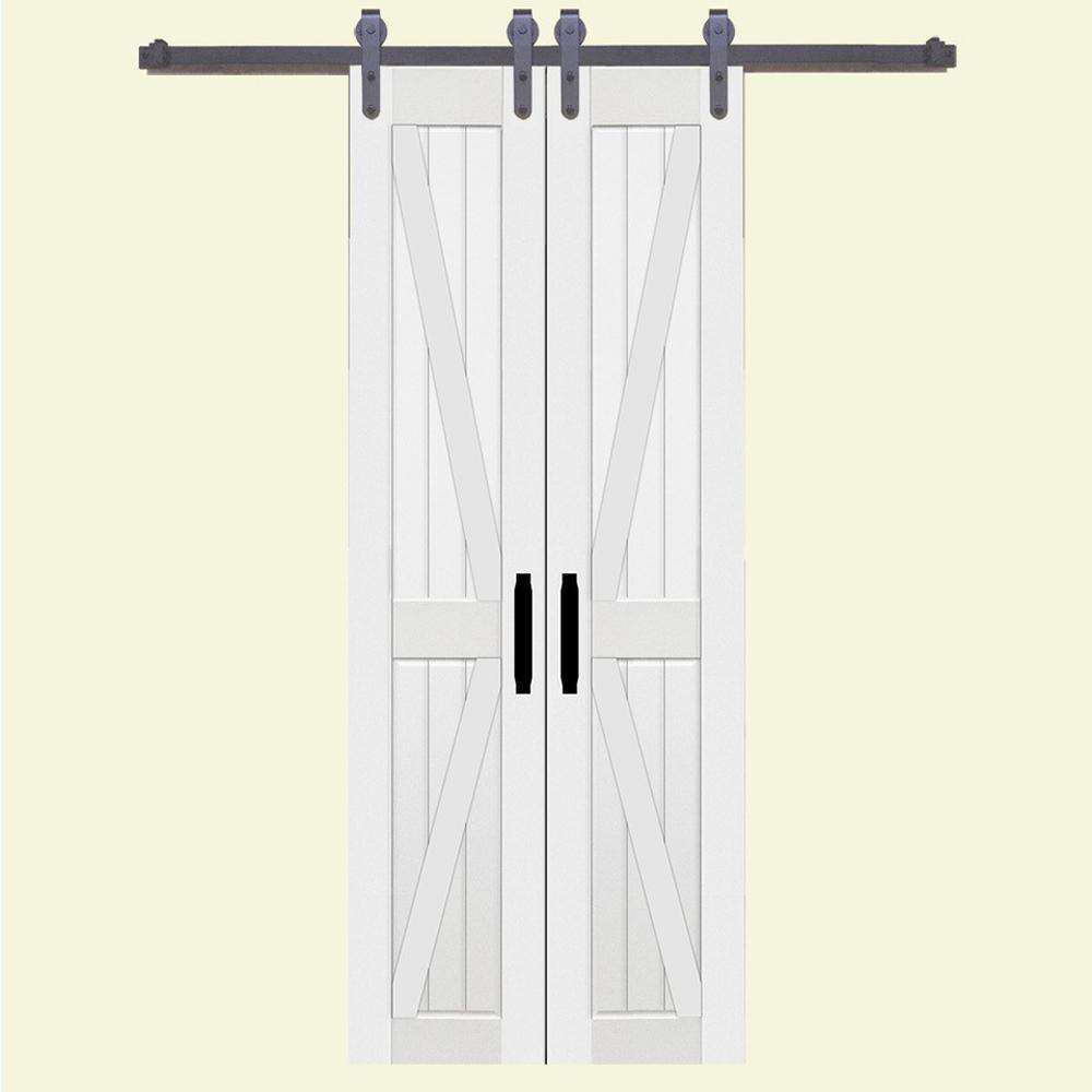 36 in. x 84 in. Board and Batten Composite PVC White Split Sliding Barn Door with Hardware Kit