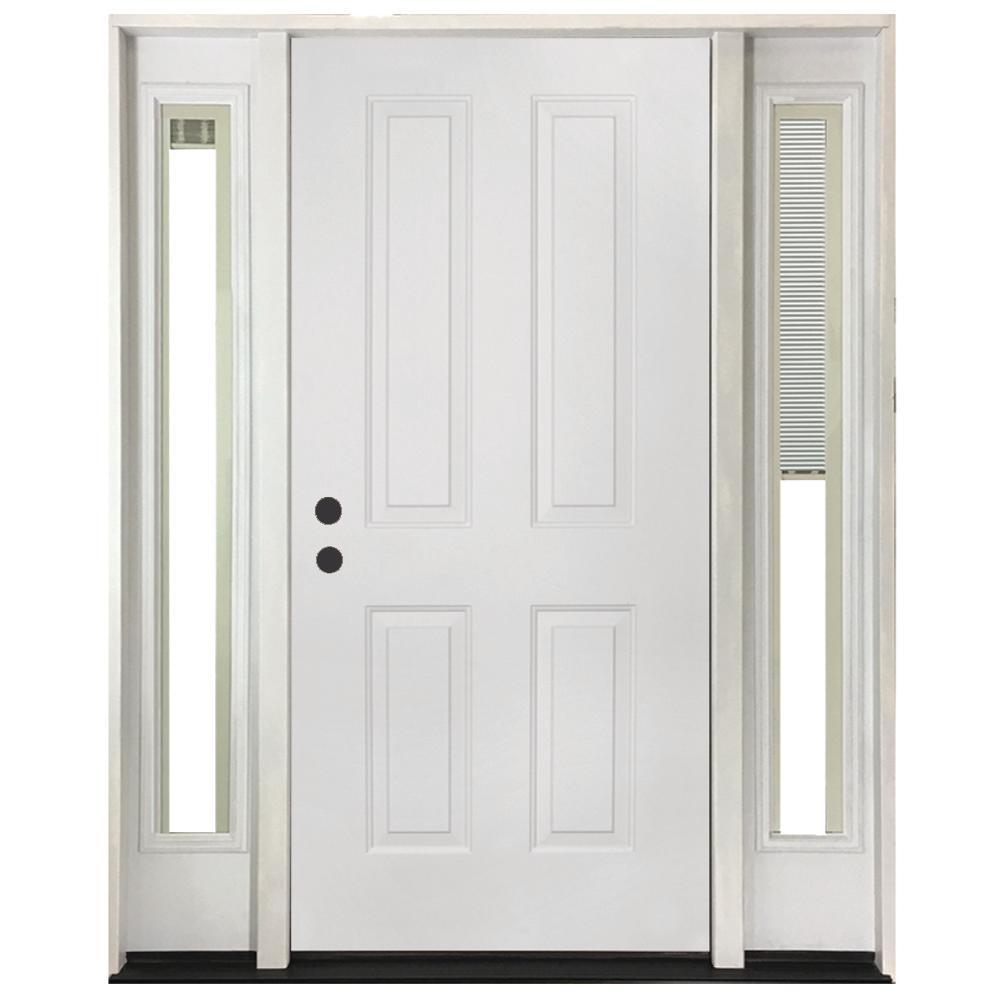 64 in. x 80 in. 4-Panel Primed White Right-Hand Steel Prehung Front Door with 12 in. Mini Blind Sidelites 4 in. Wall