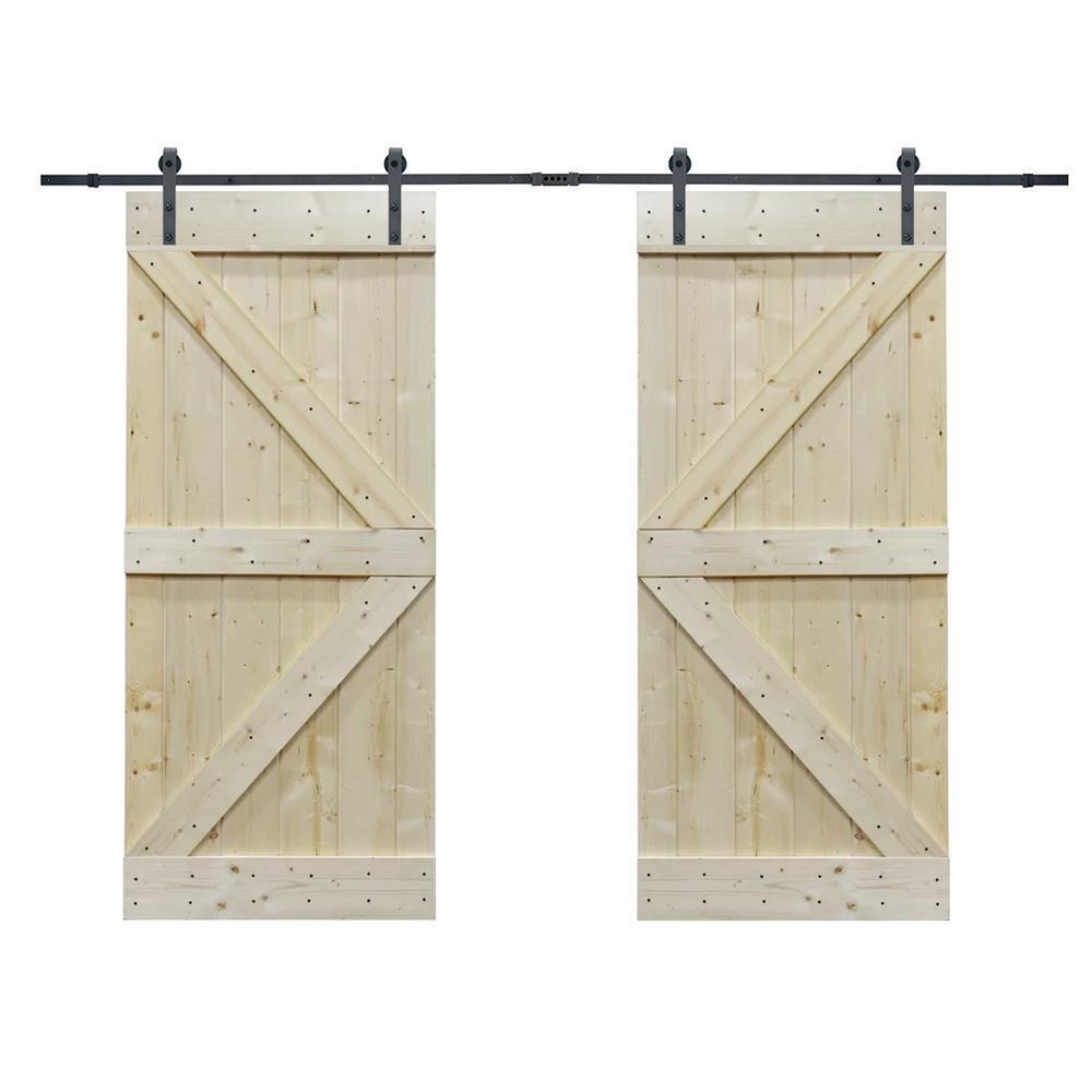 60 in. x 84 in. Unfinished Solid Core Knotty Pine Sliding Barn Door with Hardware Kit
