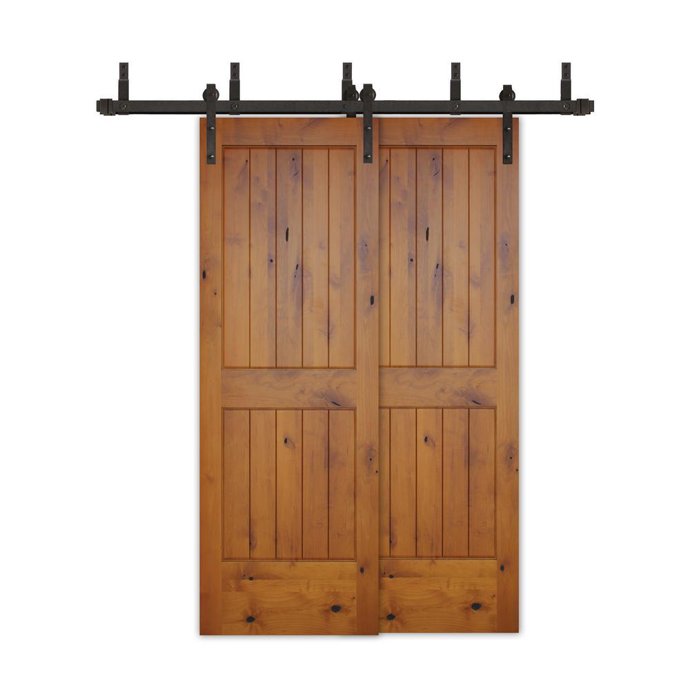 48in.x80in.Bypass Rustic Pref 2-PNL V-Groove Solid Core Knotty Alder Wood Sliding Barn Door with Bronze HardwareKit