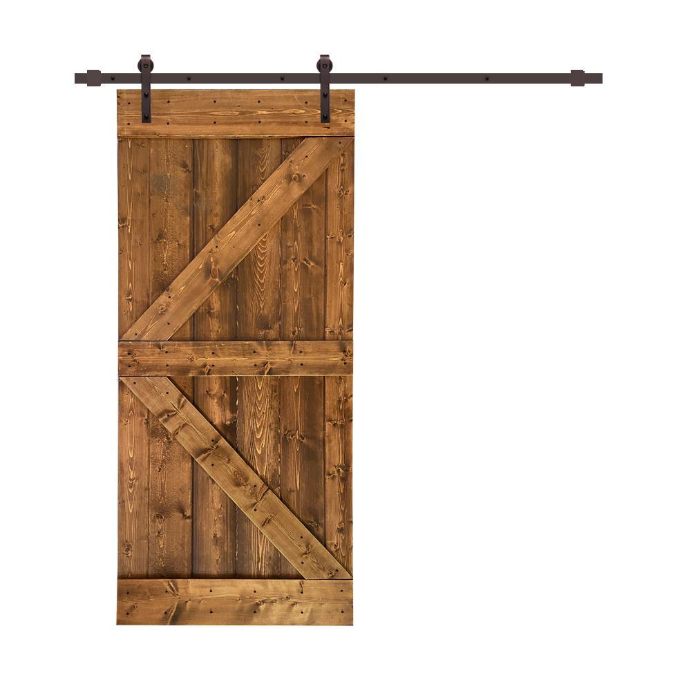 Distressed K 42 in. x 84 in. Walnut Stained Solid Knotty Pine Wood Interior Sliding Barn Door with Hardware Kit