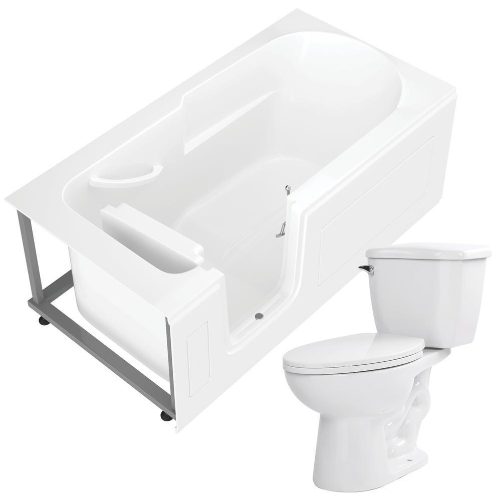 Nova Heated Step-In 59.6 in. Walk-In Non-Whirlpool Bathtub in White with 1.28 GPF Single Flush Toilet