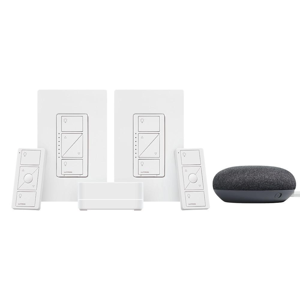Caseta Wireless Smart Lighting Dimmer Switch (2 Count) Starter Kit w/ Google Mini Charcoal