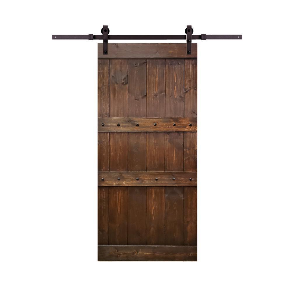 Clavos Series 36 in. x 84 in. Brown Stained Solid Pine Wood Interior Sliding Barn Door with Sliding Door Hardware Kit