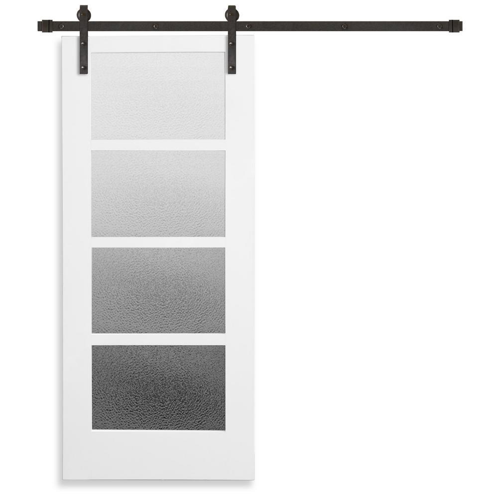 Farmhouse Series 36 in. x 84 in. 4-Lite Mistlite Glass White Primed Wood Interior Sliding Barn Door with Bronze Hard