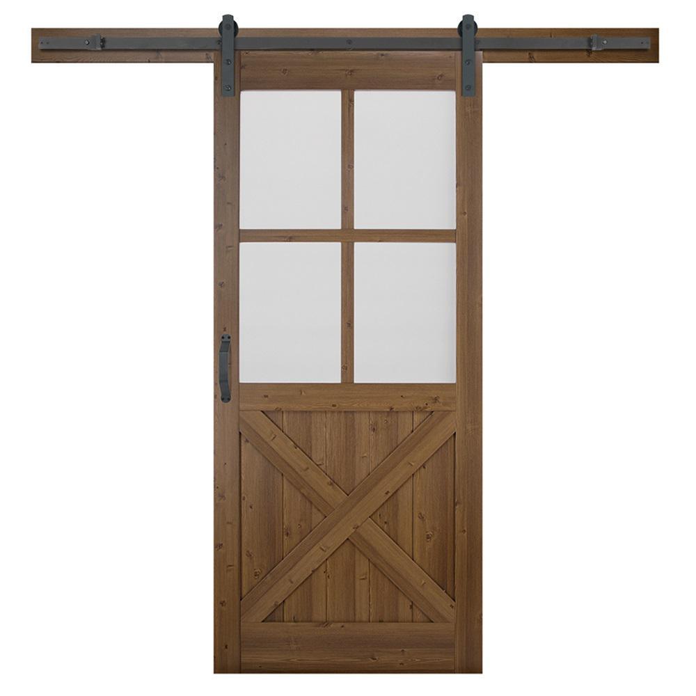 36 in. x 84 in. 4-Lite Crossbuck Nutmeg Interior Sliding Barn Door Slab with Hardware Kit