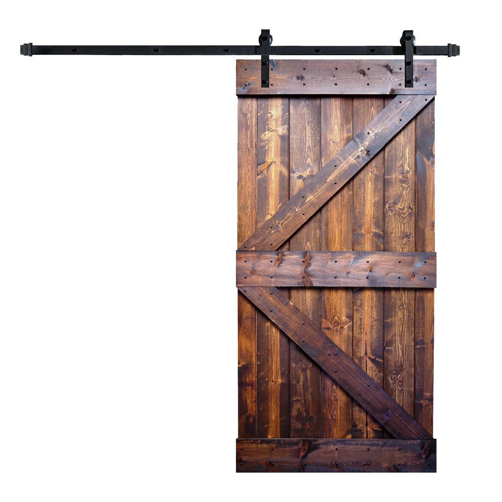 42 in. x 84 in. K-Series Dark Walnut DIY Finished Knotty Pine Wood Sliding Barn Door Slab with Hardware Kit