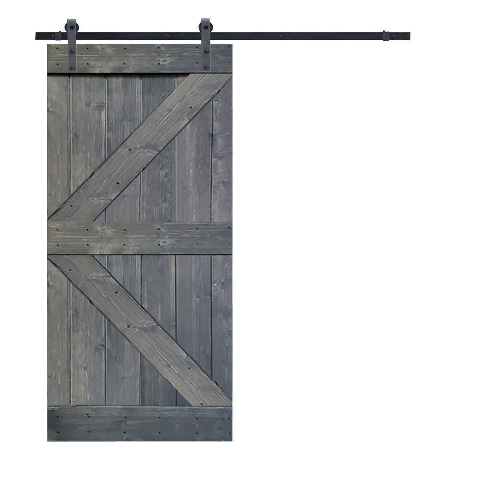 K Series 30 in. x 84 in. Gray Knotty Pine Wood Interior Sliding Barn Door with Hardware Kit