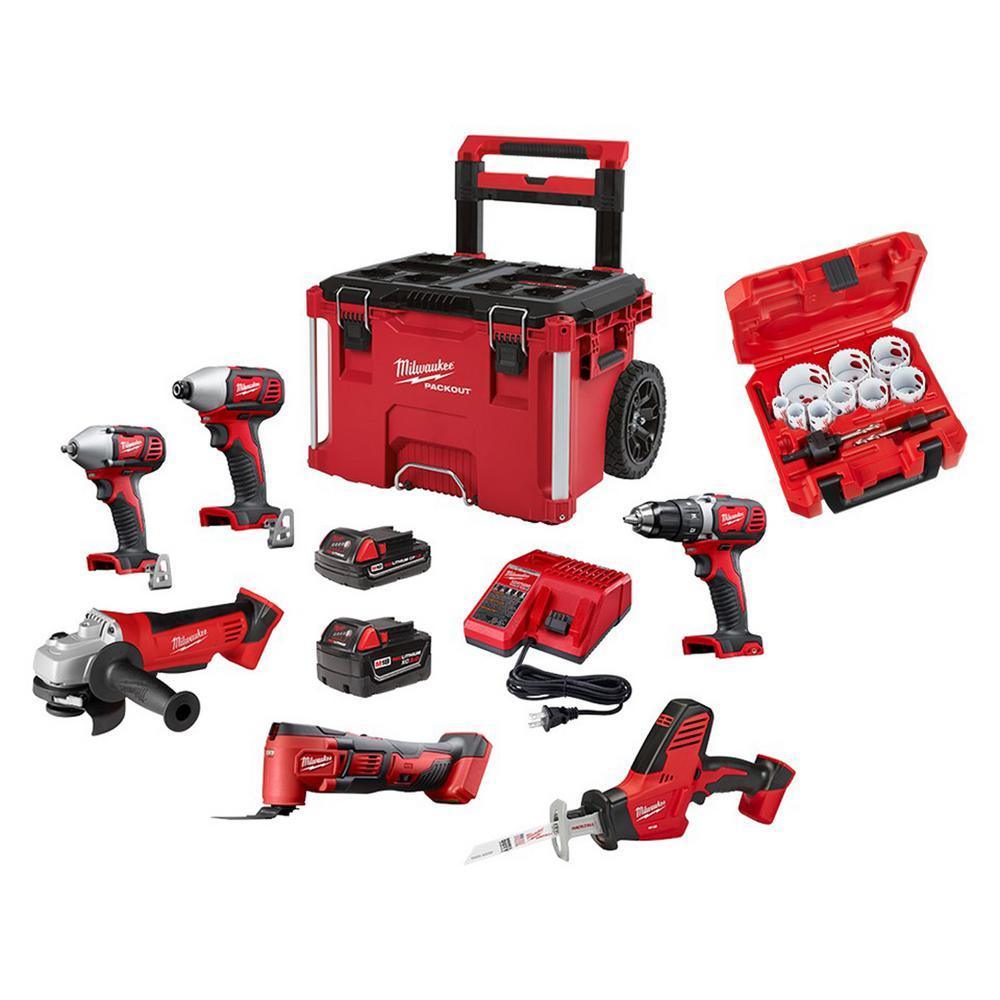 M18 18-Volt Lithium-Ion Cordless Combo Tool Kit (6-Tool) with Hole Saw Set (13-Piece) and PACKOUT Rolling Tool Box