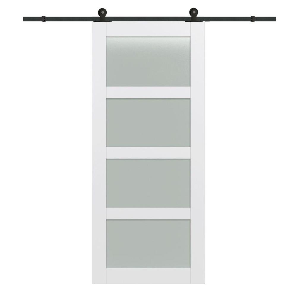 42 in. x 84 in. Shaker 4-Lite Frosted Glass Primed MDF Sliding Barn Door with Top Mount Hardware Kit