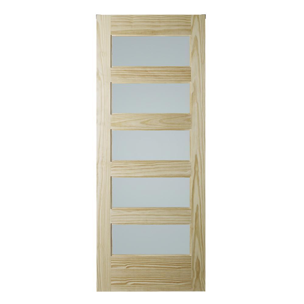 37 in. x 84 in. 5-Lite Frosted Unfinished Clear Pine Interior Barn Door Slab