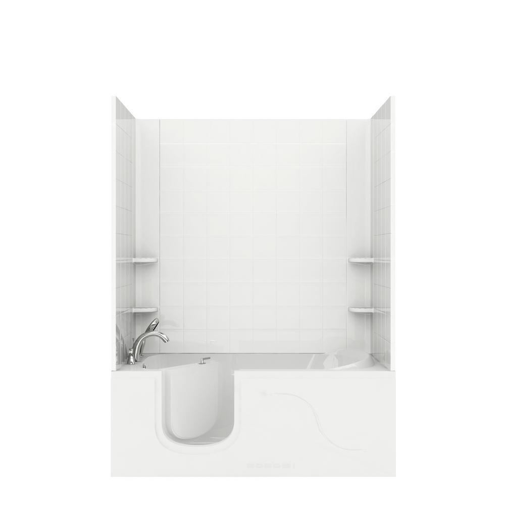 5 ft. Walk-in Non-Whirlpool Bathtub with 6 in. Tile Easy Up Adhesive Wall Surround in White