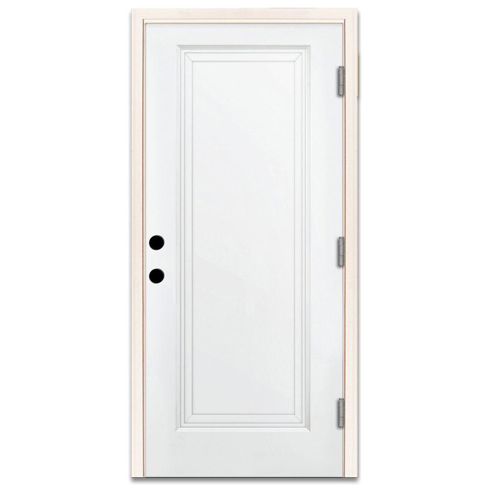 36 in. x 80 in. Premium 1-Panel Primed White Steel Prehung Front Door with 36 in. Left-Hand Outswing and 4 in. Wall