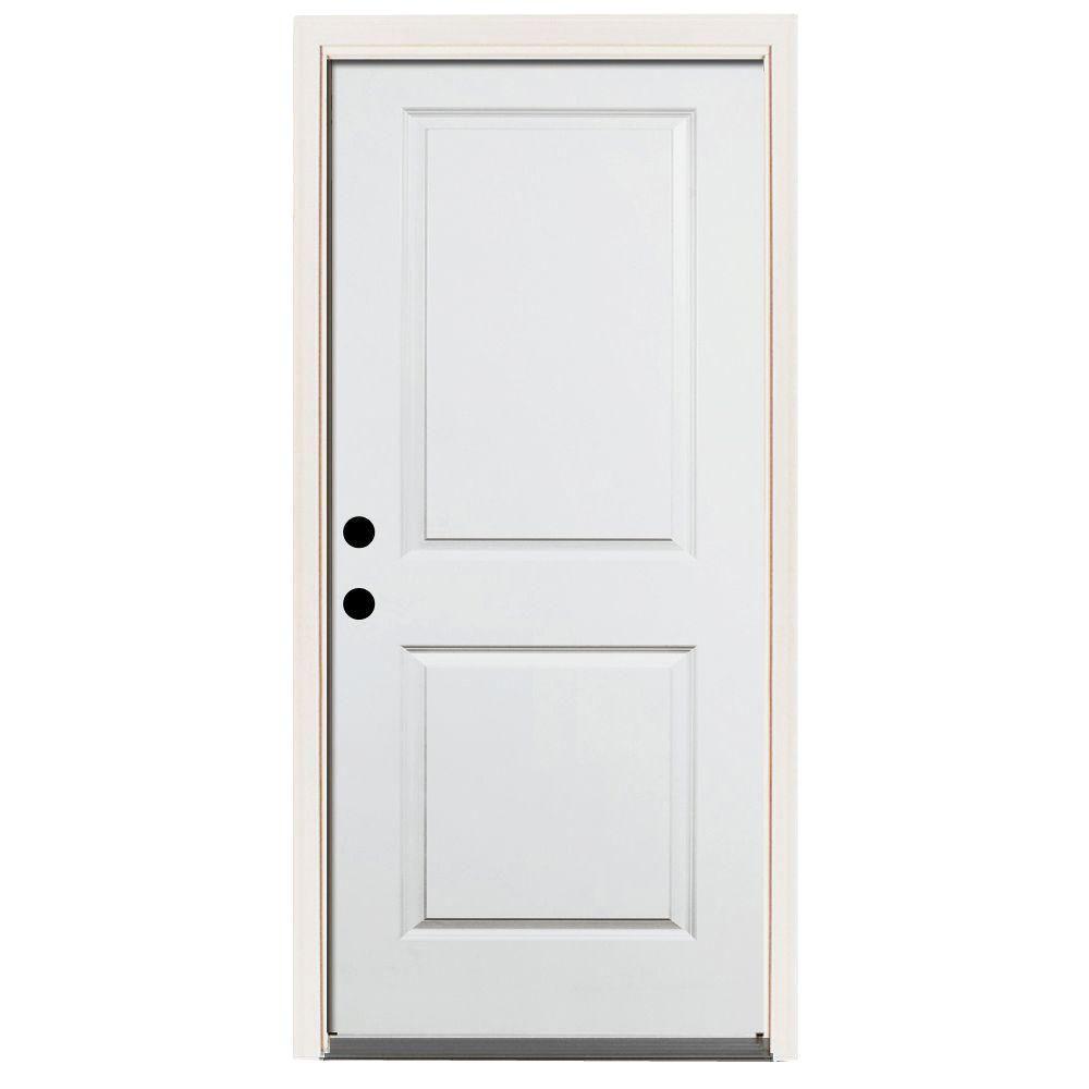 36 in. x 80 in. Premium 2-Panel Square Primed White Steel Prehung Front Door w/ 36 in. Right-Hand Inswing and 4 in. Wall