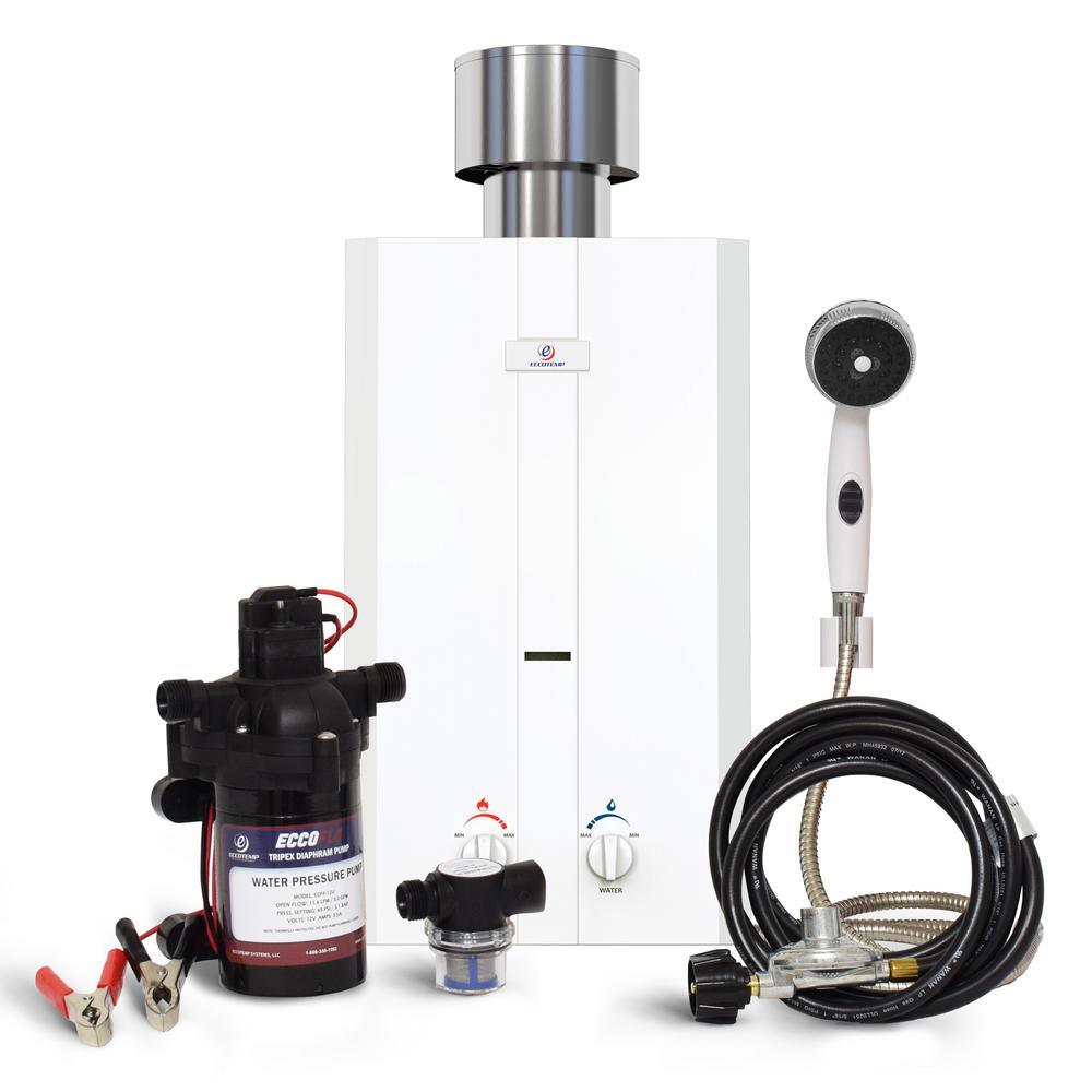 Eccotemp L10 3.0 GPM Portable 75,000 BTU Liquid Propane Outdoor Tankless Water Heater Eccoflo Pump&Strainer & Shower Set