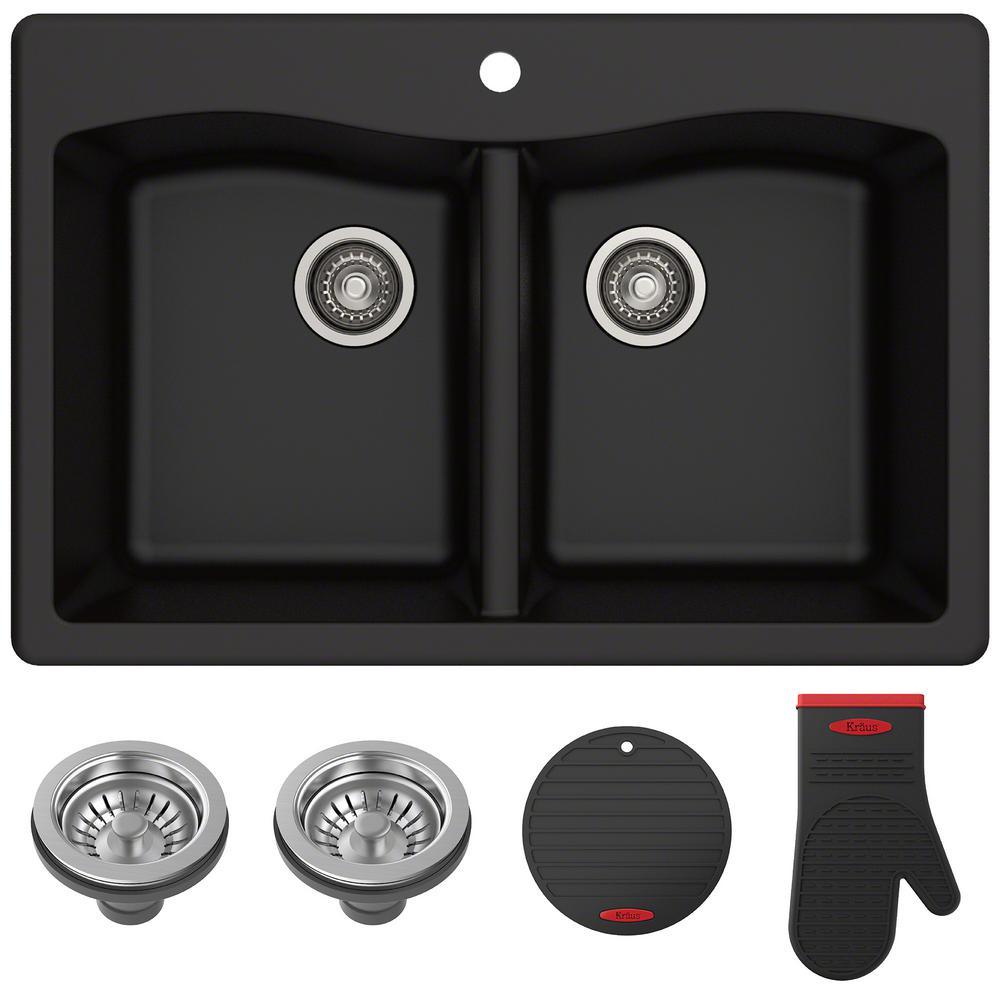 Forteza All-in-One Drop-In/Undermount Granite Composite 33 in. 1-Hole 50/50 Double Bowl Kitchen Sink in Black
