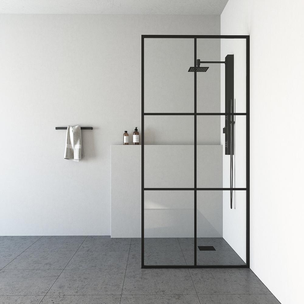 Ventana 34 in. x 74 in. Framed Fixed Shower Door in Matte Black without Handle