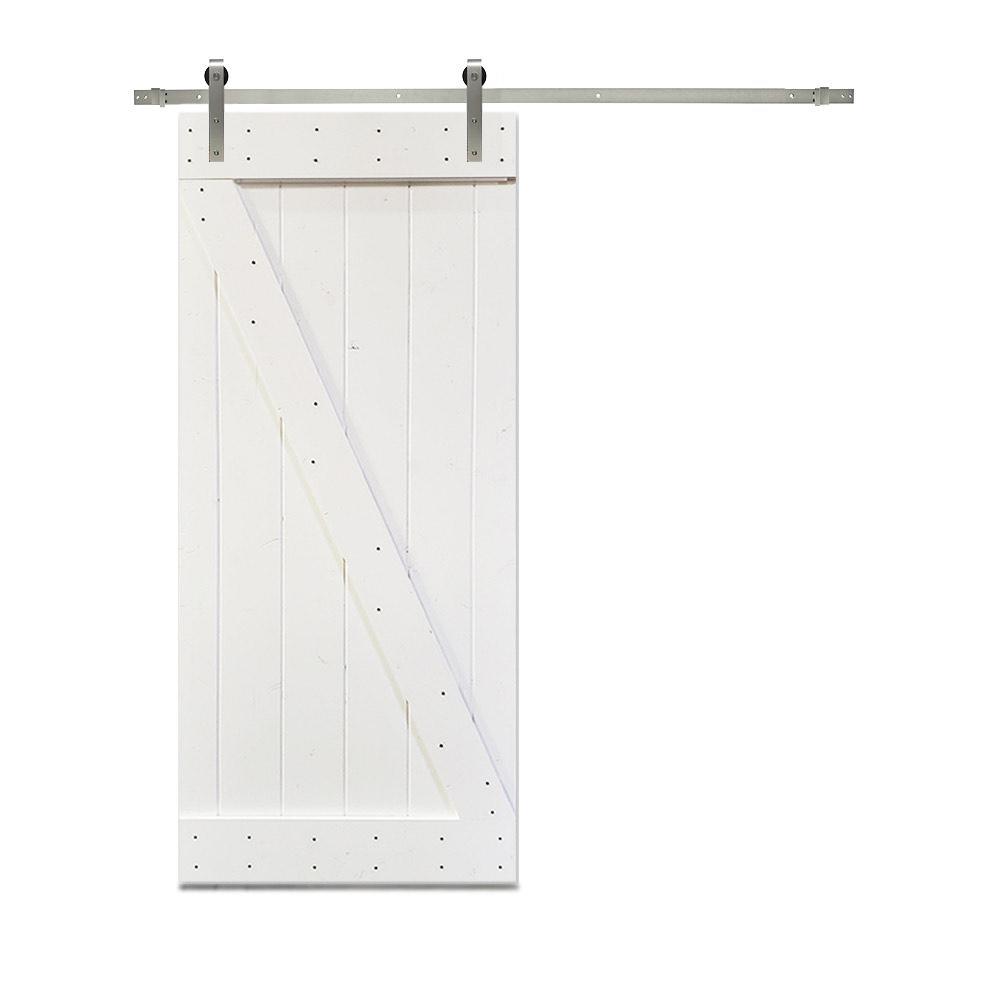 Z Series 30 in. x 84 in. White Knotty Pine Wood Interior Sliding Barn Door with Hardware Kit