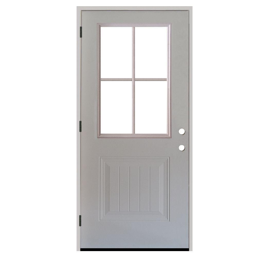 32 in. x 80 in. Premium Clear 4 Lite Plank Panel White Primed Steel Prehung Front Door