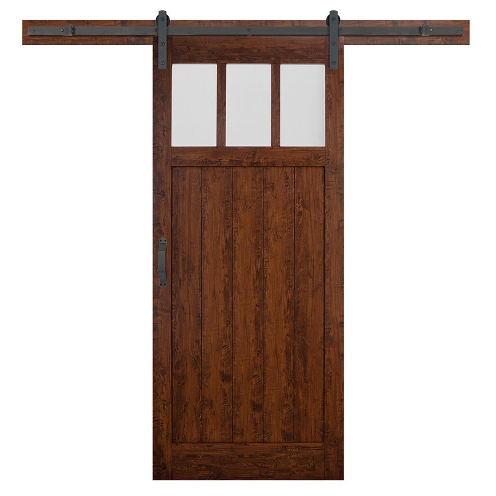 36 in. x 84 in. Craftsman 3-Lite Auburn Interior Sliding Barn Door Slab with Hardware Kit